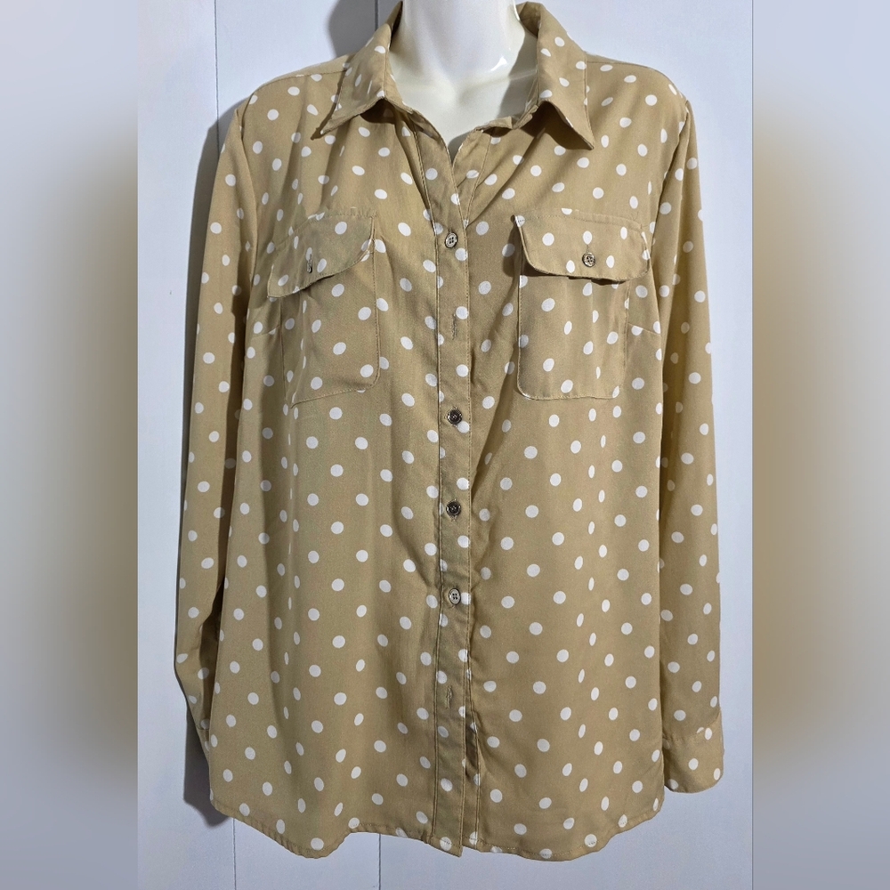 Women's Kim ROGERS button Down Shirt Polka Dot Roll Tab Sleeve Size Large